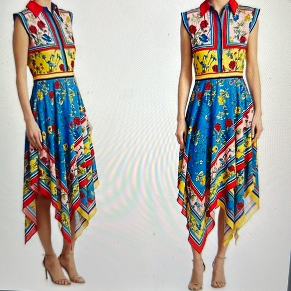 NWT Alice & Olivia Farrah mixed floral collared Dress in Scarf Print